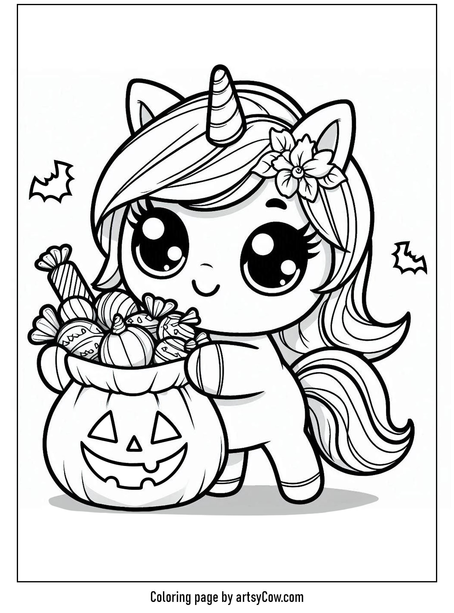 Halloween coloring pages with unicorn 2 showing a unicorn holding a Halloween candy bag shaped like a jack-o'-lantern, surrounded by bats, and flowers in its mane.
